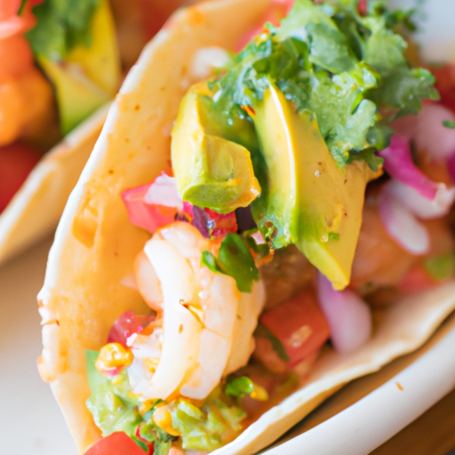 A mouthwatering spicy shrimp taco topped with avocado salsa.