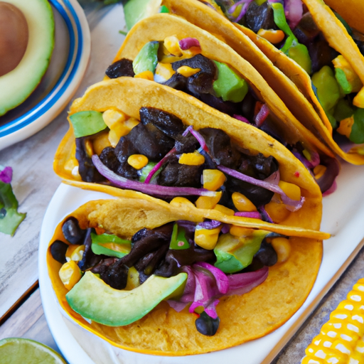 Colorful and fresh vegetarian tacos filled with black beans, corn, and avocado