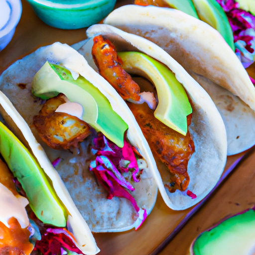 A colorful image of zesty fish tacos with chipotle crema and avocado slices