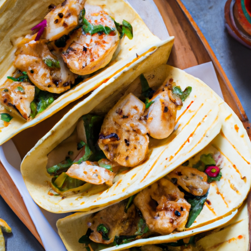 Grilled chicken and shrimp tacos seasoned with a mix of spices and herbs.