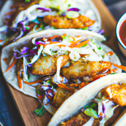 Zesty fish tacos with crispy fish fillets, cabbage slaw, and chipotle sauce